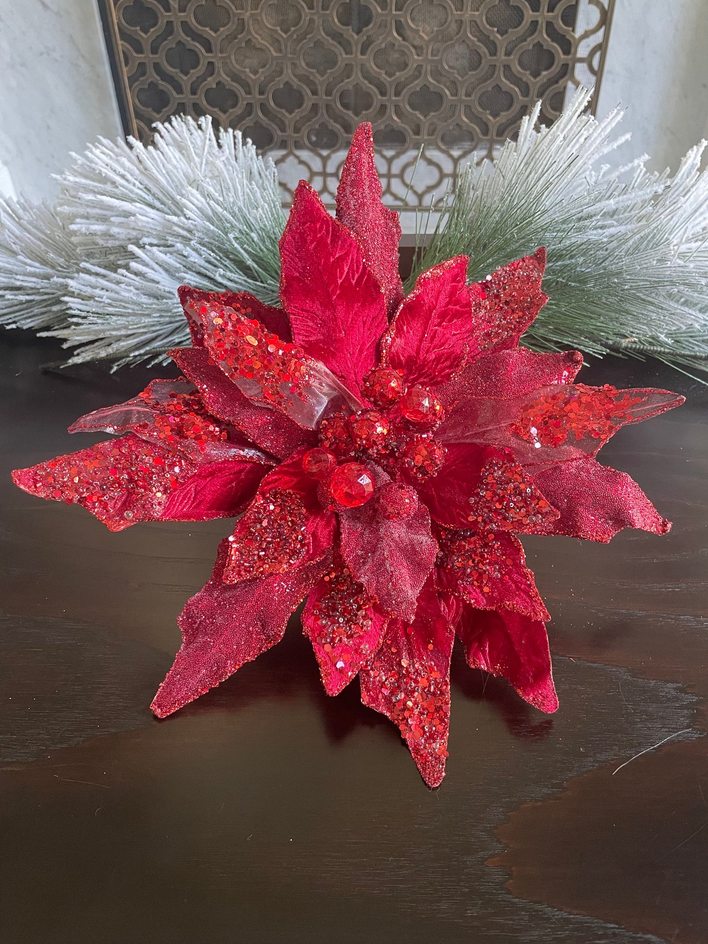 12” Poinsettia clip red beaded and glitter. 12” tip to tip.