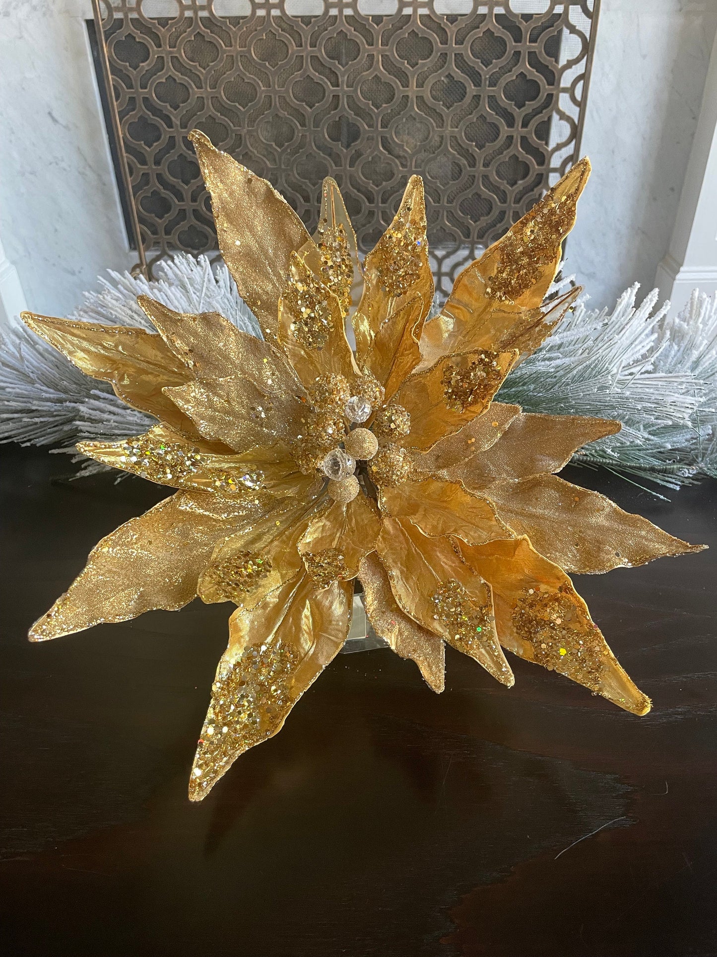 17” Large Poinsettia clip gold beaded and glitter. 17” tip to tip.