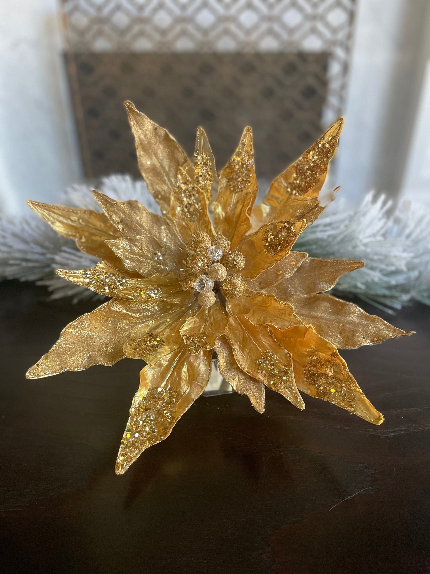 17” Large Poinsettia clip gold beaded and glitter. 17” tip to tip.