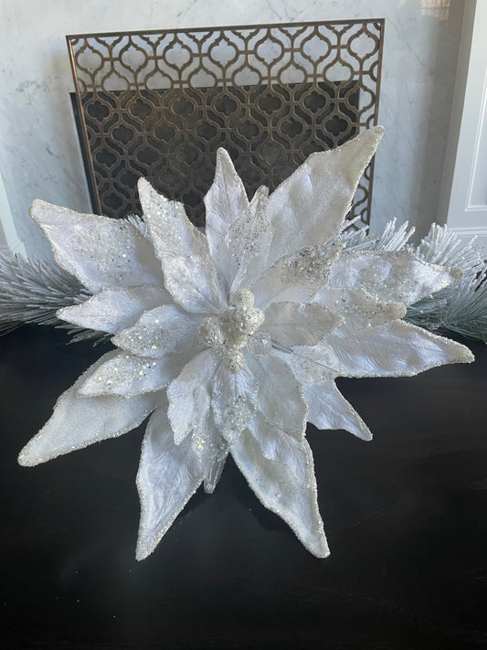 18”Extra large clip Poinsettia velvet white beaded and glitter. 18” tip to tip.