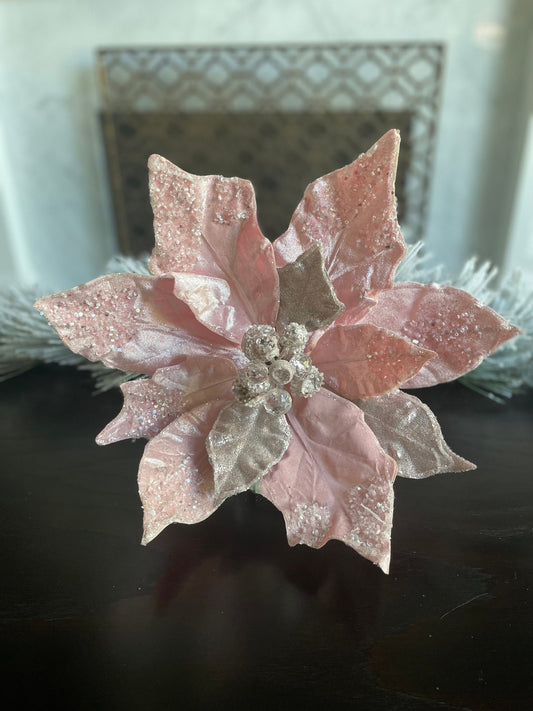 17.5”Extra large Poinsettia stem blush pink. Beaded and glitter. 17.5” tip to tip.