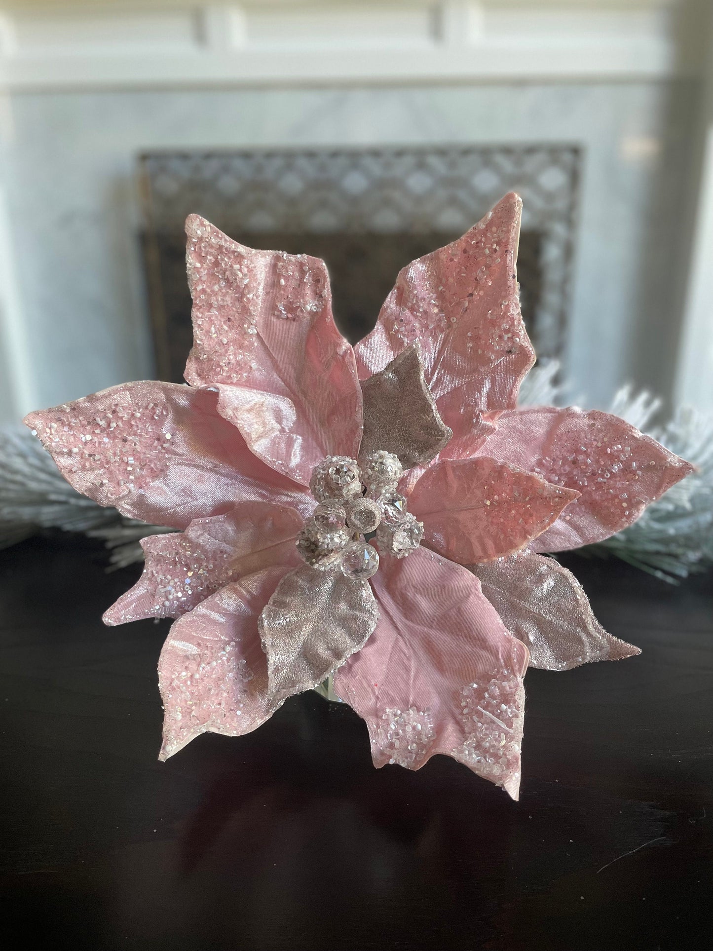 17.5”Extra large Poinsettia stem blush pink. Beaded and glitter. 17.5” tip to tip.