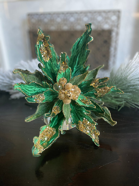 14.5” Large Poinsettia stem emerald and gold glitter. Beaded. 14.5” tip to tip.