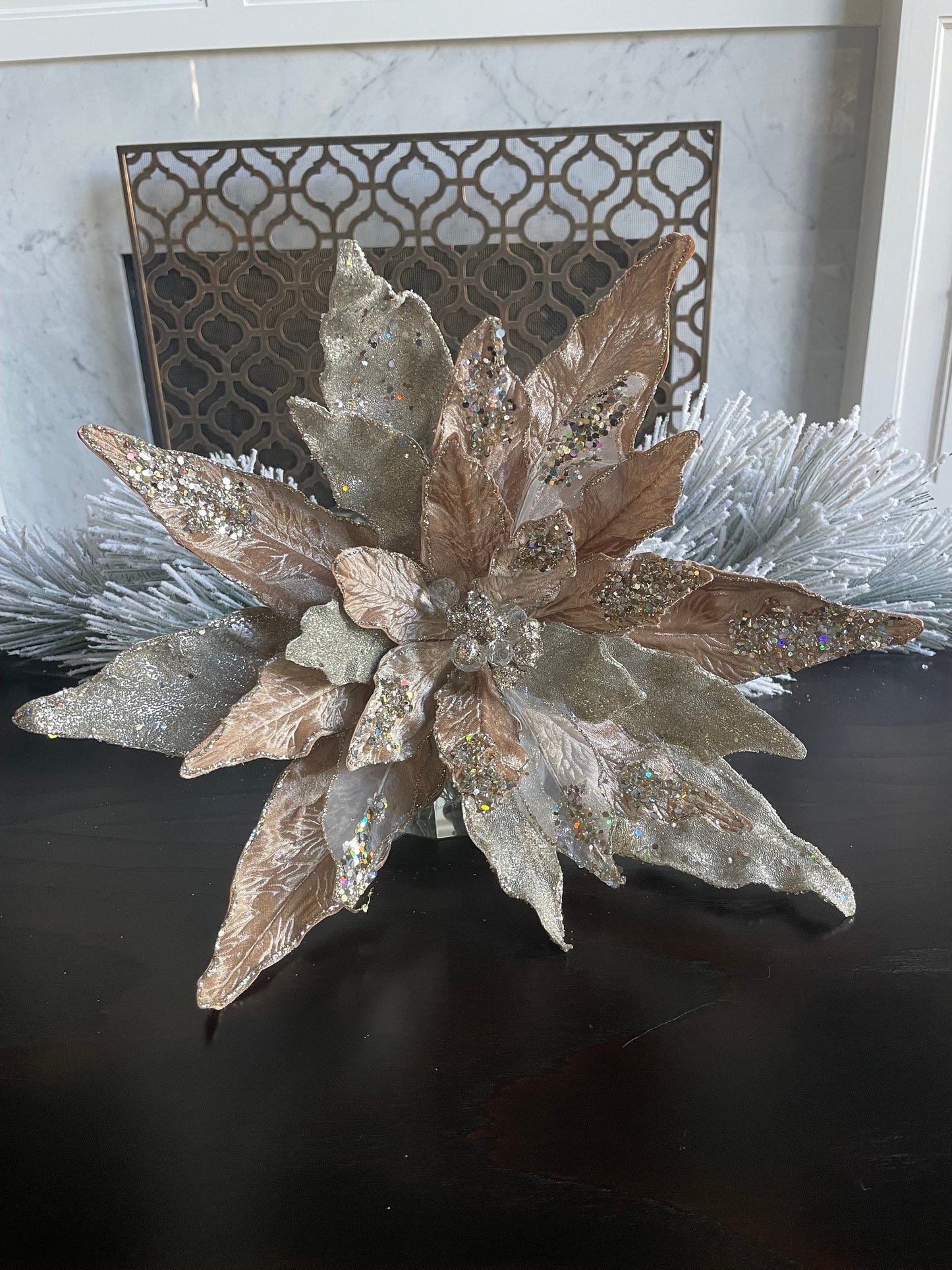 17” Large Poinsettia clip champagne beaded and glitter. 17” tip to tip.