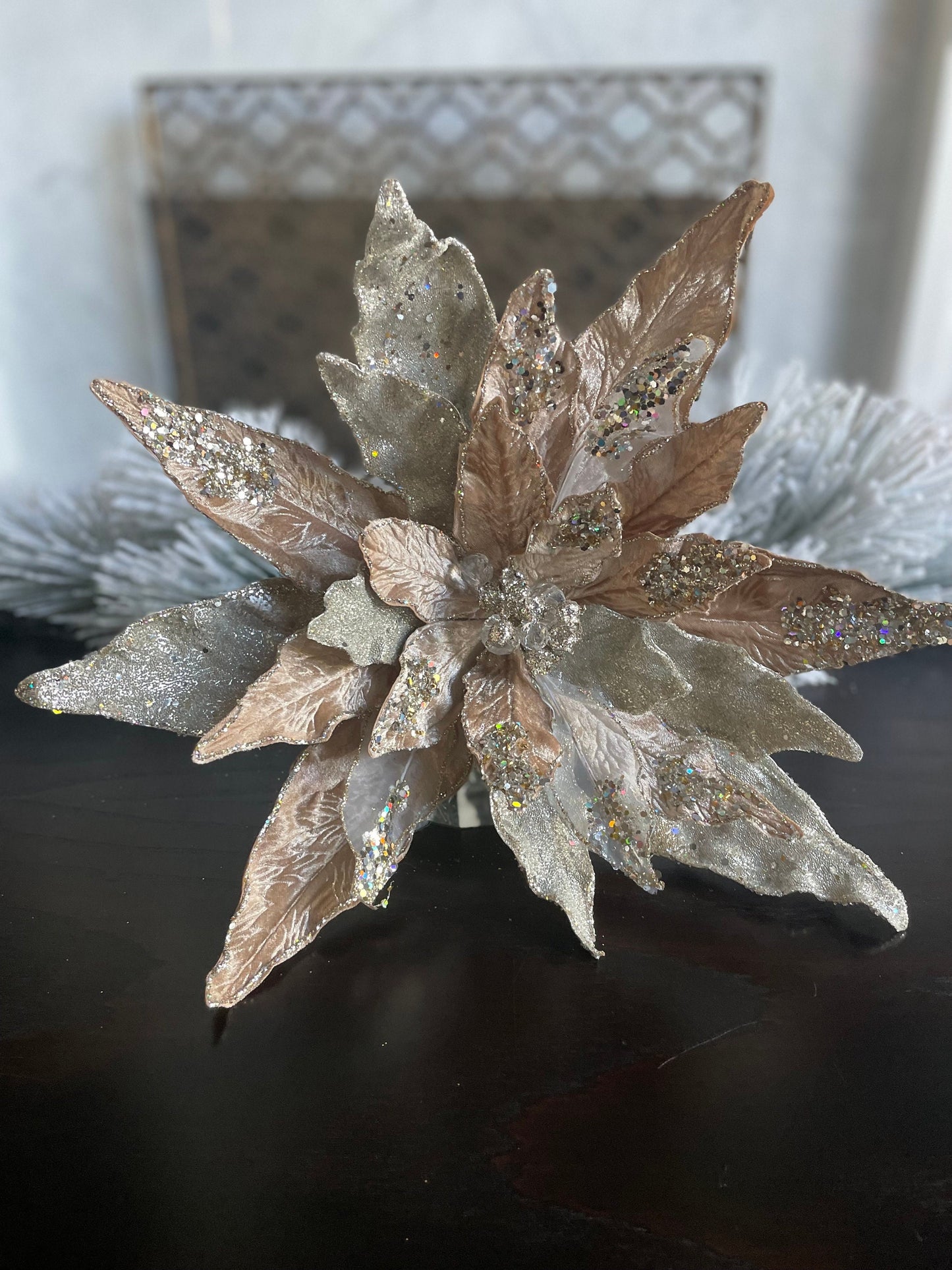 17” Large Poinsettia clip champagne beaded and glitter. 17” tip to tip.