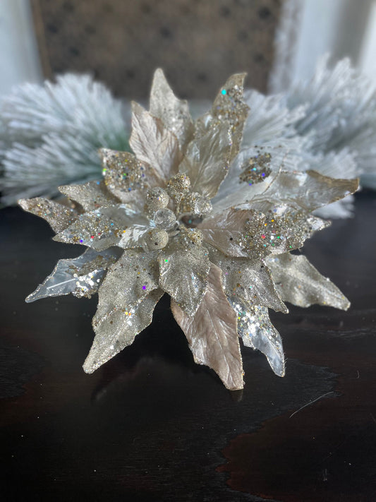 13” Poinsettia clip platinum beaded and glitter. 13” tip to tip.