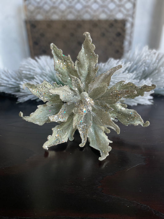 13” Poinsettia stem platinum light soft green beaded and glitter. 13” tip to tip.