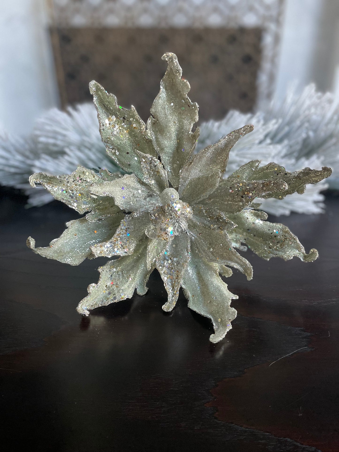 13” Poinsettia stem platinum light soft green beaded and glitter. 13” tip to tip.