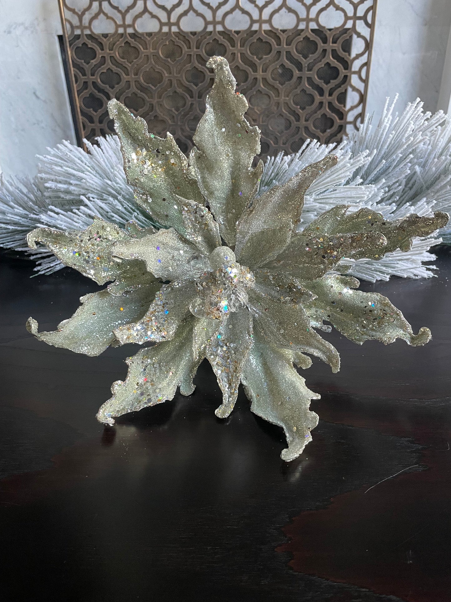 13” Poinsettia stem platinum light soft green beaded and glitter. 13” tip to tip.