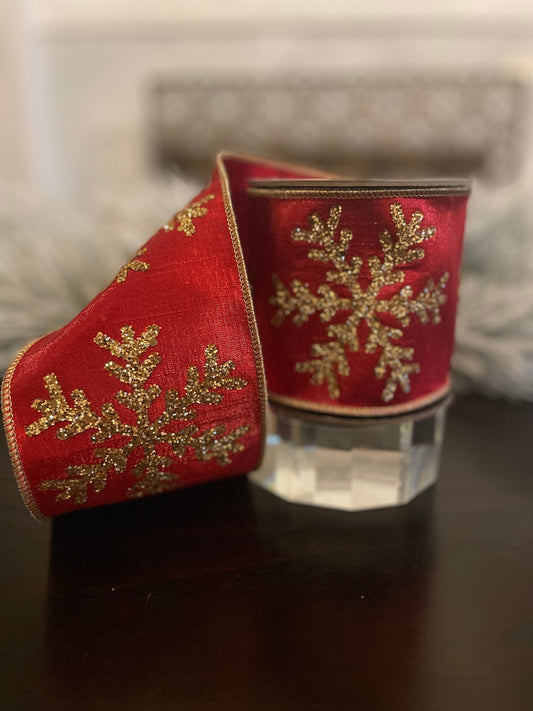 4” x 5 yds Ribbon metallic dupion gold glitter snowflake, red. Wired. D. Stevens.