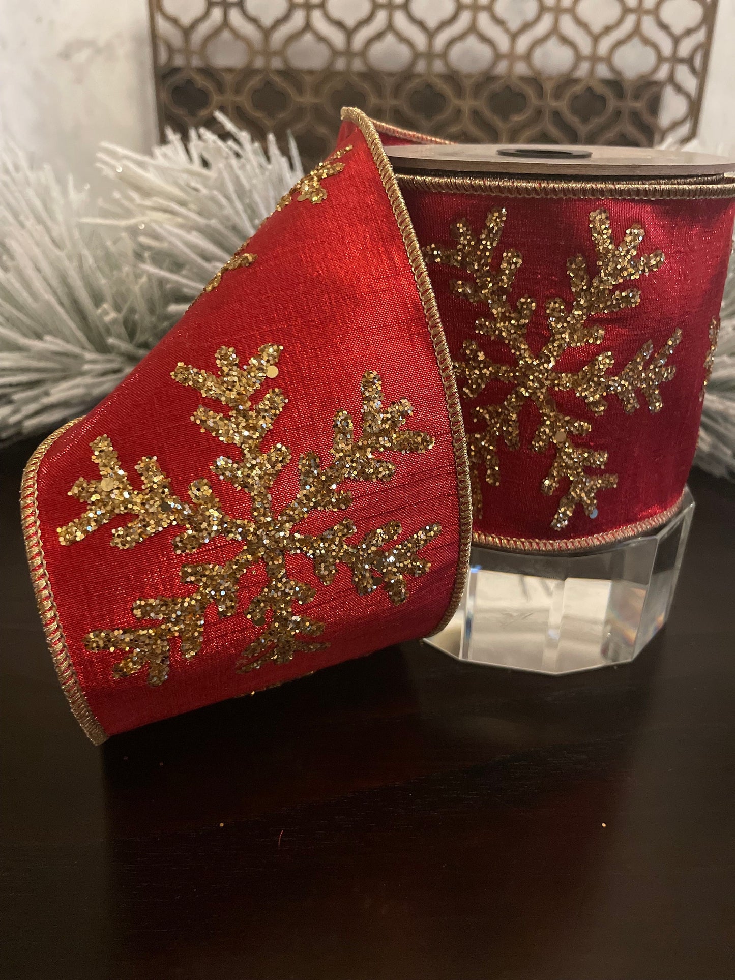 4” x 5 yds Ribbon metallic dupion gold glitter snowflake, red. Wired. D. Stevens.