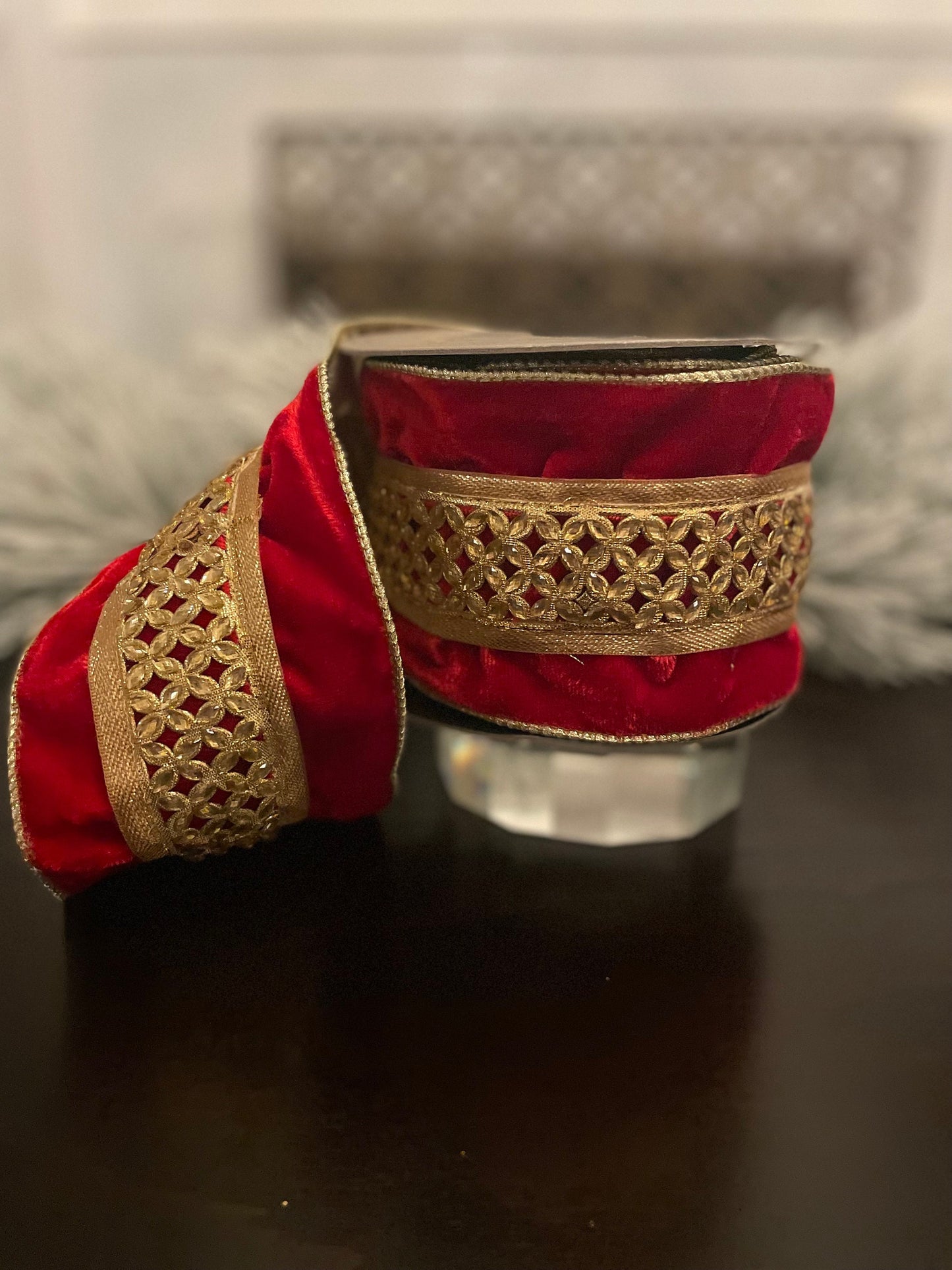 4” x 5 yds Ribbon velvet jeweled trellis metallic dupion back, gold-red. Wired. D. Stevens.