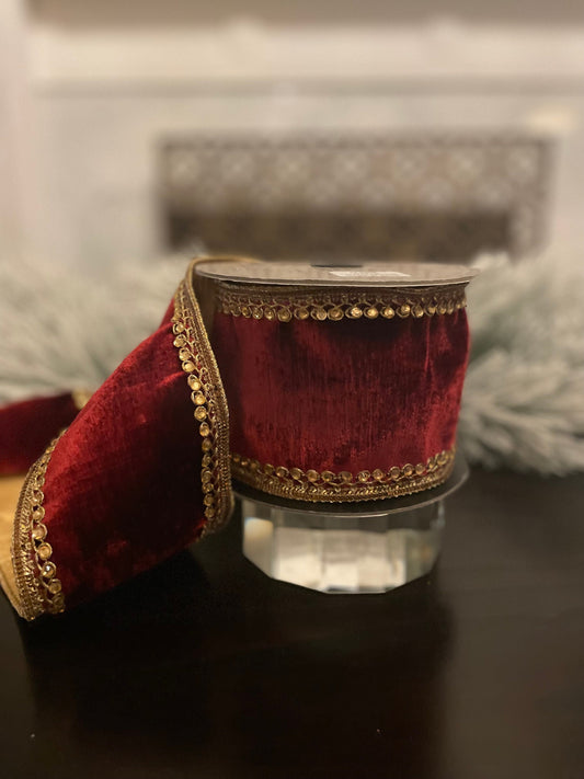 4” x 5 yds Ribbon velvet jewel side trim burgundy. Wired. D. Stevens.
