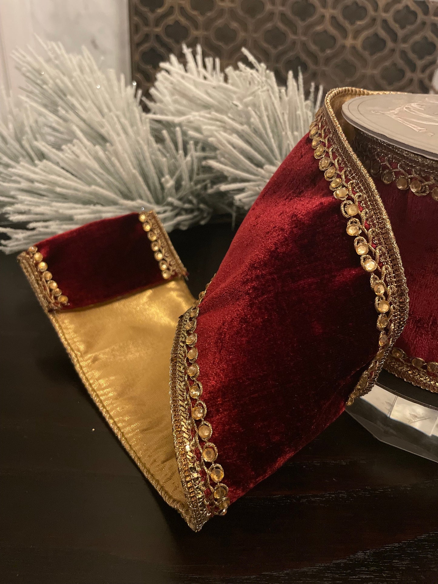 4” x 5 yds Ribbon velvet jewel side trim burgundy. Wired. D. Stevens.