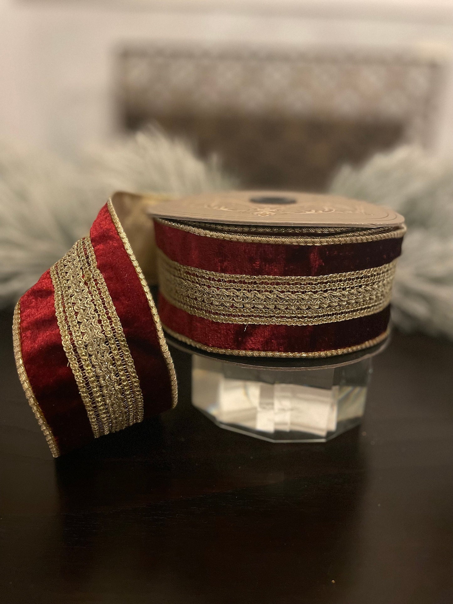 2.5” x 10 yds Designer ribbon velvet verona burgundy with gold trim . Wired. D. Stevens.
