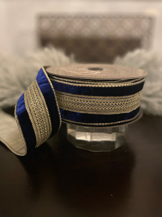 2.5” x 10 yds Designer ribbon velvet verona cobalt with gold trim . Wired. D. Stevens.