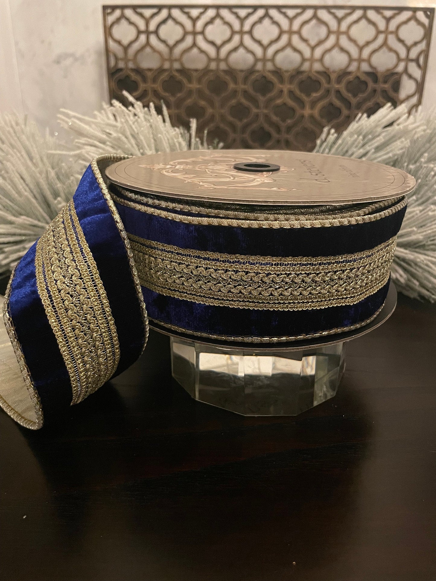 2.5” x 10 yds Designer ribbon velvet verona cobalt with gold trim . Wired. D. Stevens.