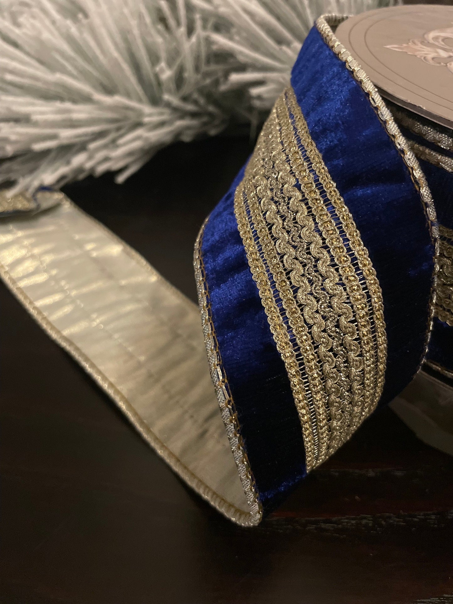 2.5” x 10 yds Designer ribbon velvet verona cobalt with gold trim . Wired. D. Stevens.