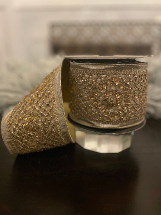 4” x 5 yds. Designer ribbon wired metallic dupion sequin filigree, platinum. D. Stevens.