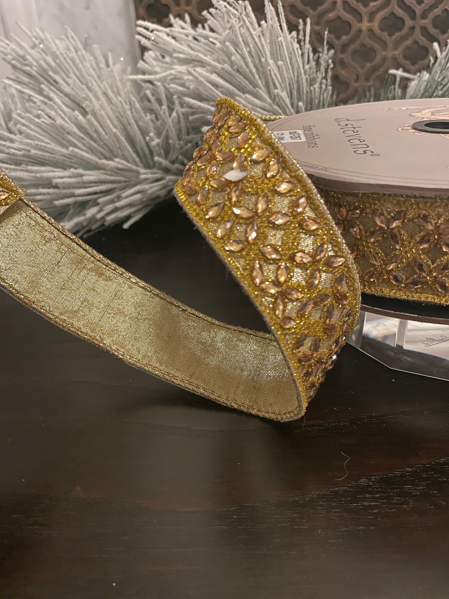 1.5” x 10 yds. Designer ribbon faux metallic dupion flower crystal trellis trim gold. D. Stevens.
