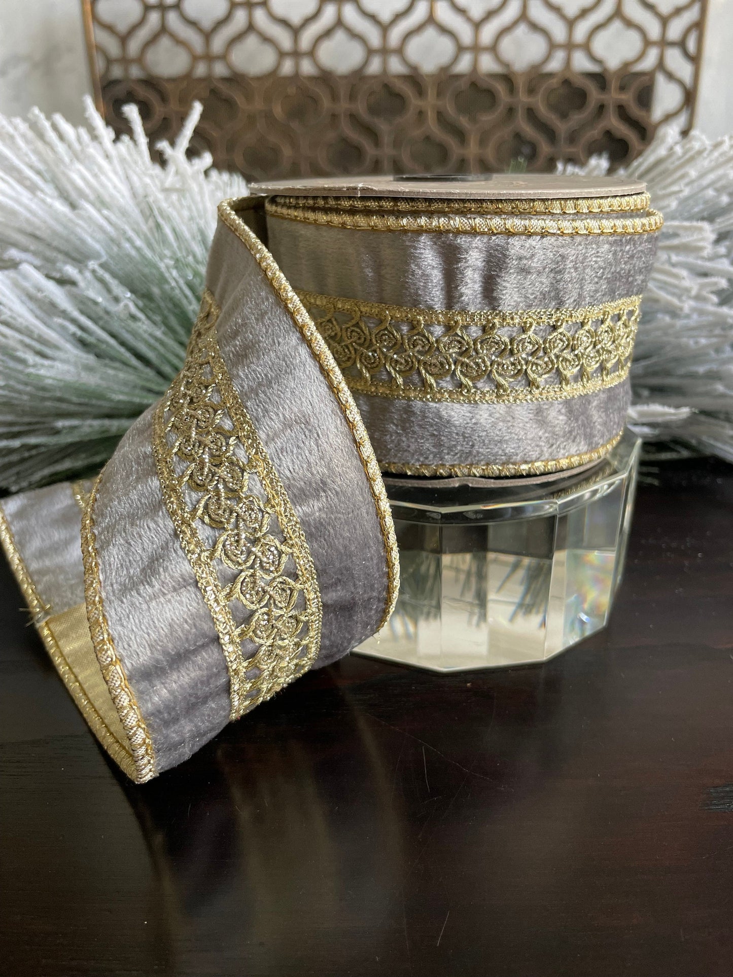 2.5” x 5 yds. Designer gray velvet ribbon with platinum center trim. Wired. D. Stevens. Gorgeous!*