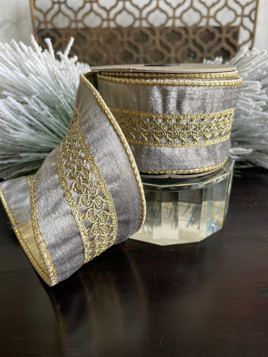 2.5” x 5 yds. Designer gray velvet ribbon with platinum center trim. Wired. D. Stevens. Gorgeous!*