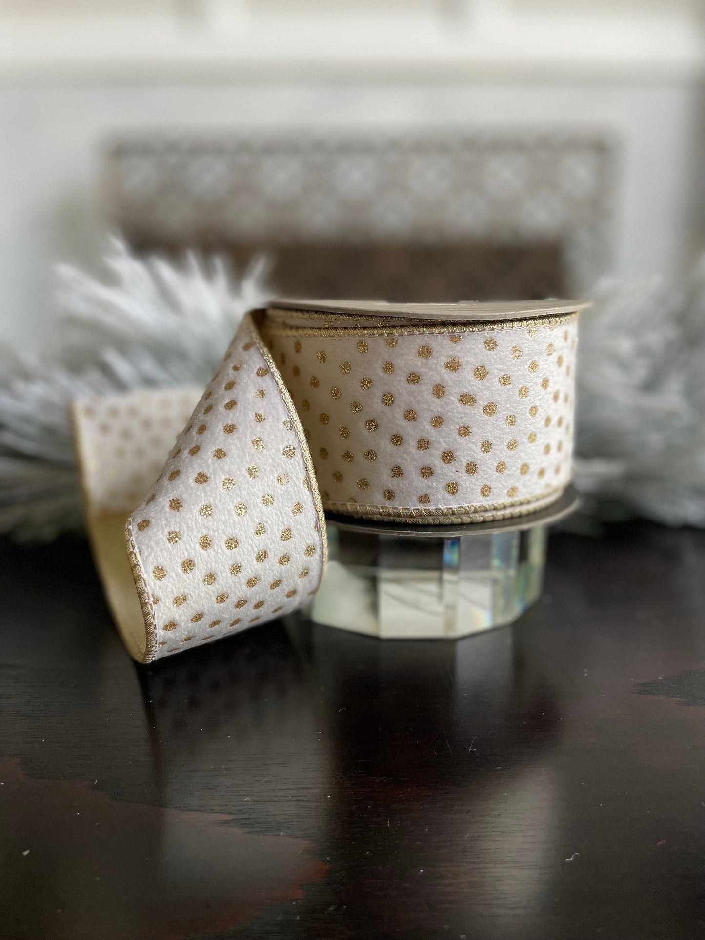 2.5” x 10 yds Designer white velvet polka dot gold glitter ribbon. Wired. D. Stevens. Gorgeous!*