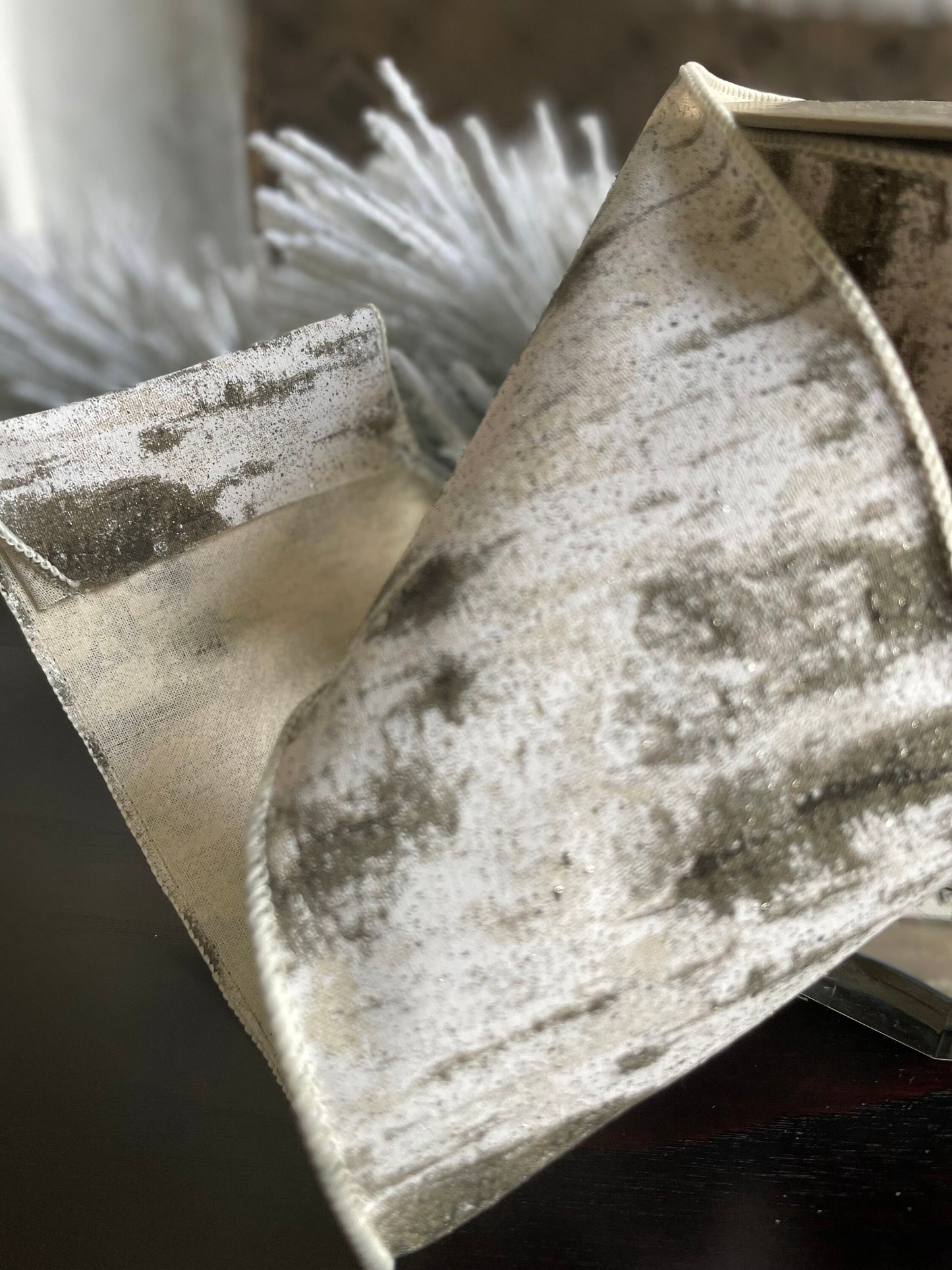 4” x 10 yds. Designer faux painted linen birch cream-gray ribbon. Wired. D. Stevens.