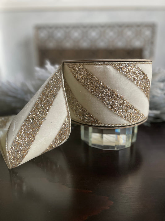 4” x 10 yds. Designer ribbon velvet glitter diagonal stripe, winter white. Wired. D. Stevens.