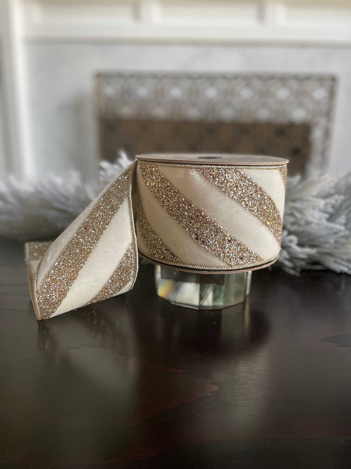 4” x 10 yds. Designer ribbon velvet glitter diagonal stripe, winter white. Wired. D. Stevens.