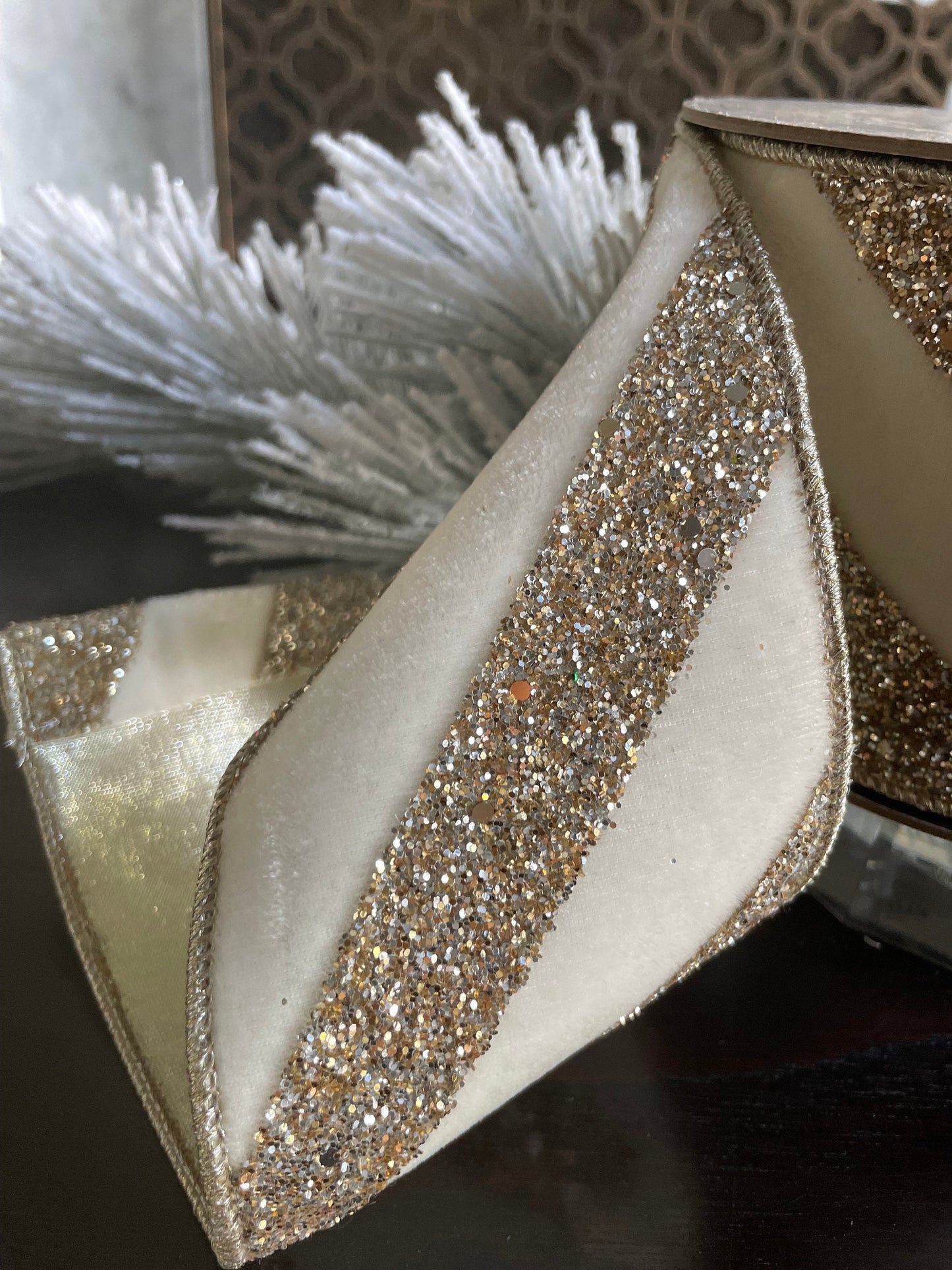 4” x 10 yds. Designer ribbon velvet glitter diagonal stripe, winter white. Wired. D. Stevens.