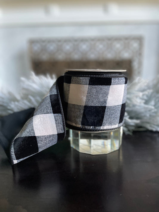 4” x 10 yds. Designer velvet buffalo check black- cream ribbon. Black back ribbon. Wired. D. Stevens.