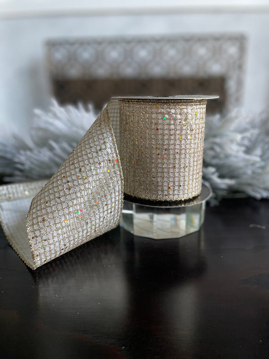 4” x 10 yds. Designer taffeta glitter mesh platinum-ivory ribbon. Wired. D. Stevens.