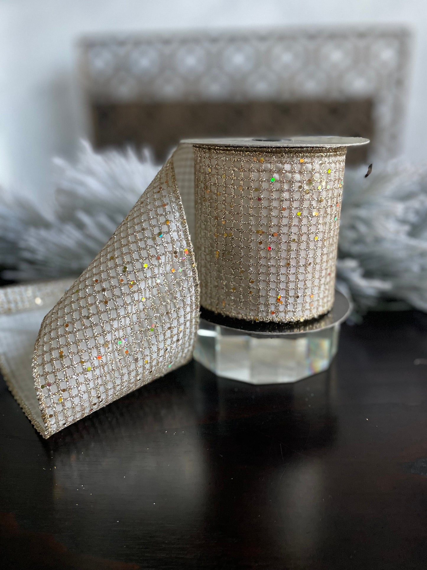 4” x 10 yds. Designer taffeta glitter mesh platinum-ivory ribbon. Wired. D. Stevens.