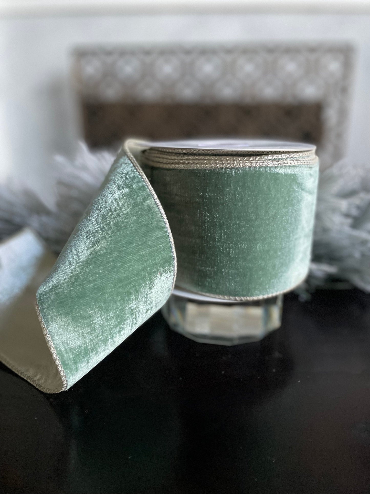 4” x 10 yds. Aqua viscose velvet metallic back ribbon. Wired. Regency.