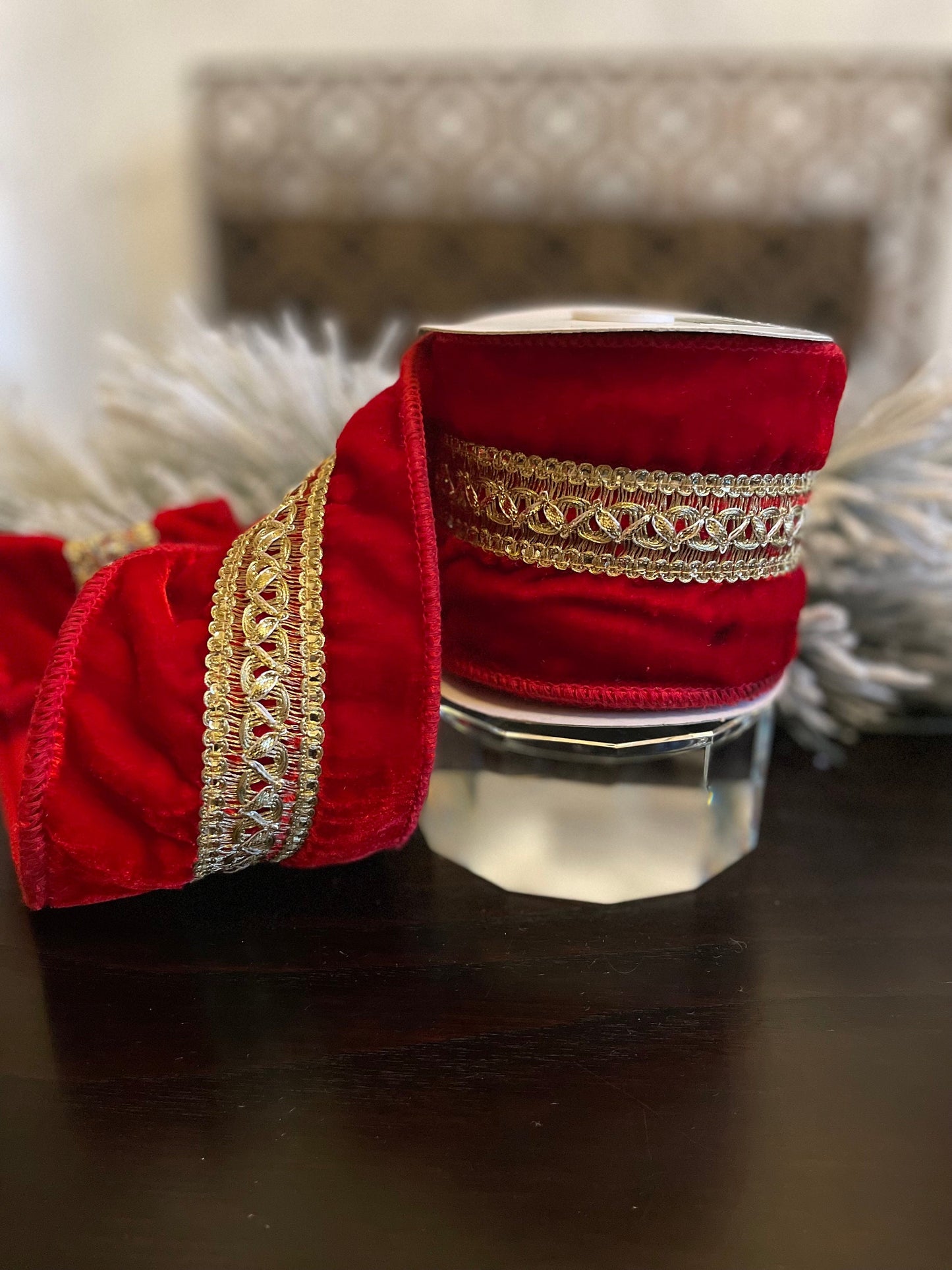4” x 5 yds. Designer red and gold velvet with jewels ribbon. Wired. Regency.