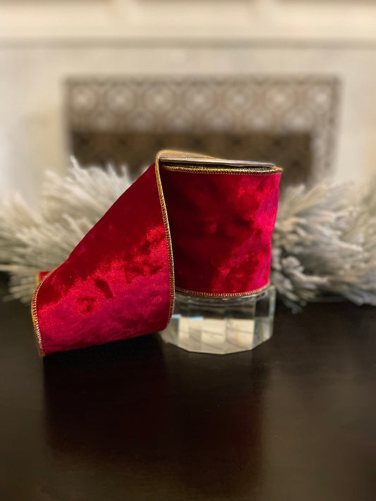 4” x 5 yds. Designer red luxury textured velvet ribbon. Wired. Regency.