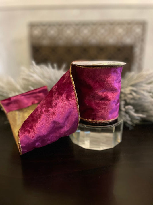 4” x 5 yds. Designer fuschia luxury textured velvet ribbon. Wired. Regency.