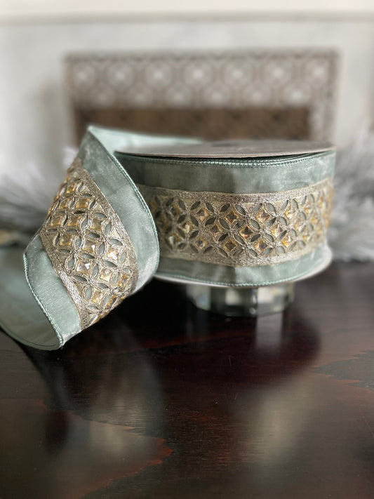 4” x 10 yds Designer light blue with platinum velvet diamond lace ribbon with jewels. Wired. Farrisilk.