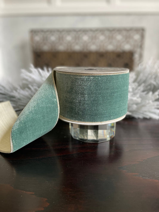 4” x 10 yds. Designer flashy velvet celadon ribbon. Wired. Farrisilk.