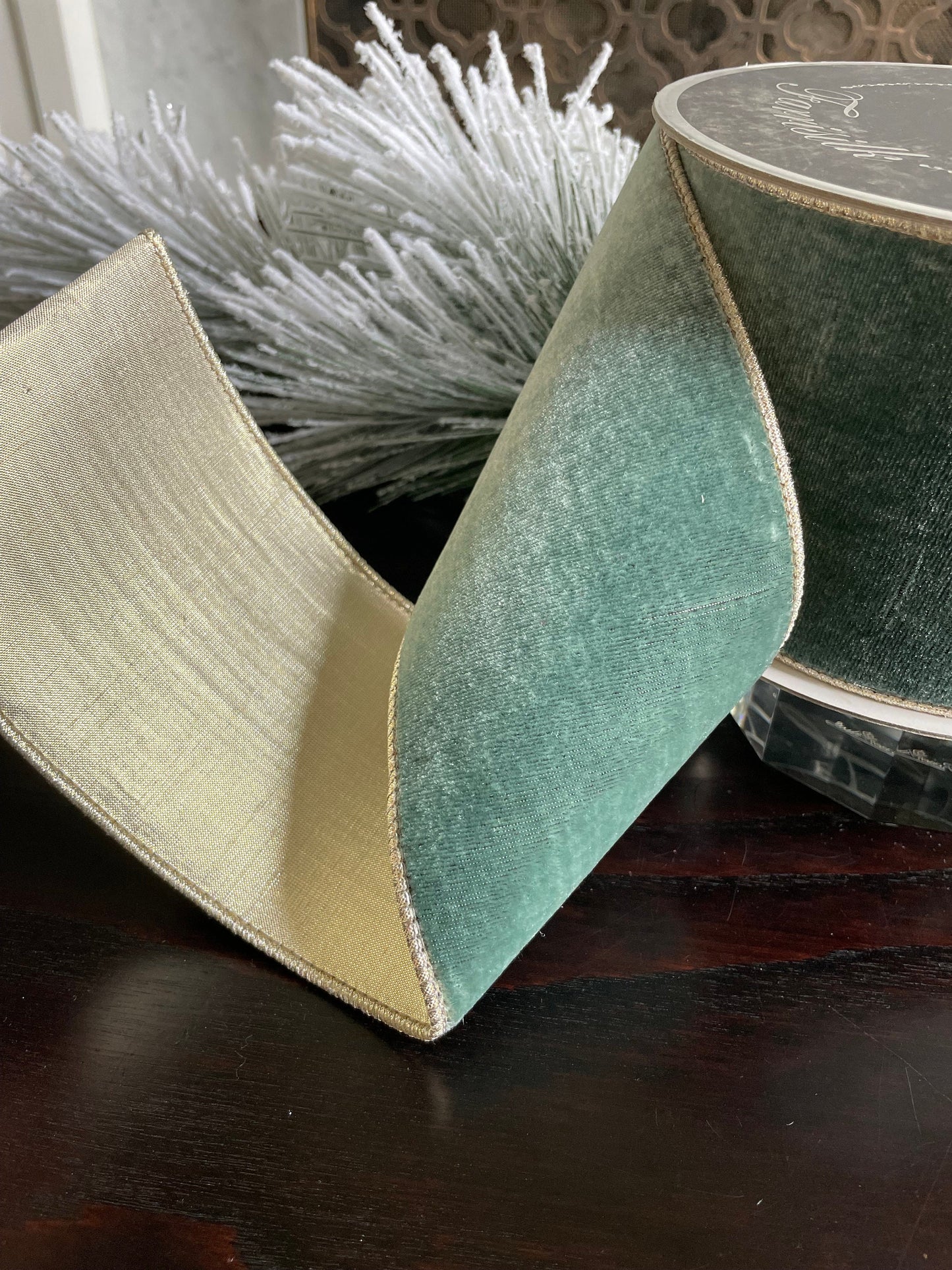 4” x 10 yds. Designer flashy velvet celadon ribbon. Wired. Farrisilk.