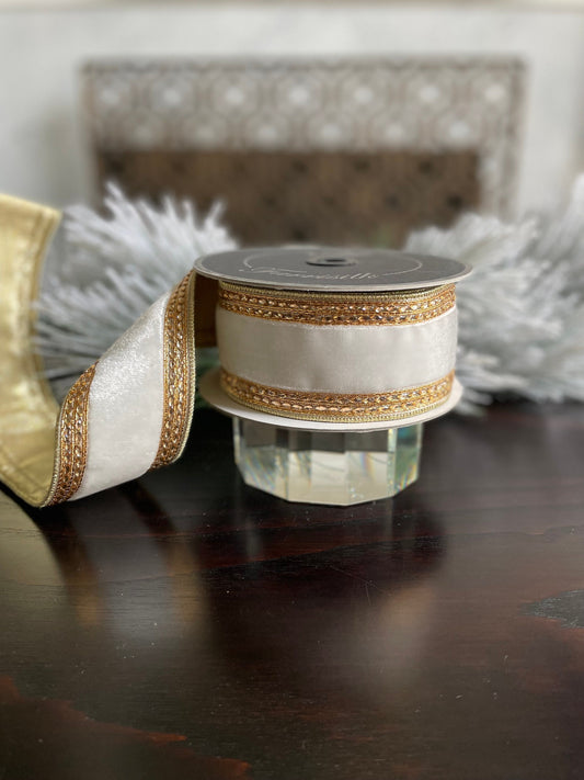 2.5” x 5 yds. Designer Queen Victoria velvet ivory ribbon with gold jewel trim. Wired. Farrisilk . Gorgeous!*