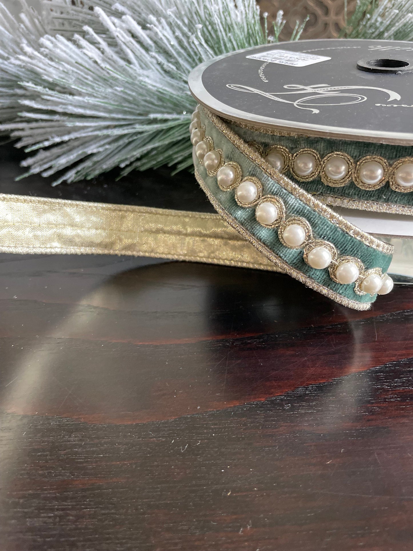 1” x 5 yds. Designer pearl borders velvet celadon ribbon. Wired. Farrisilk.
