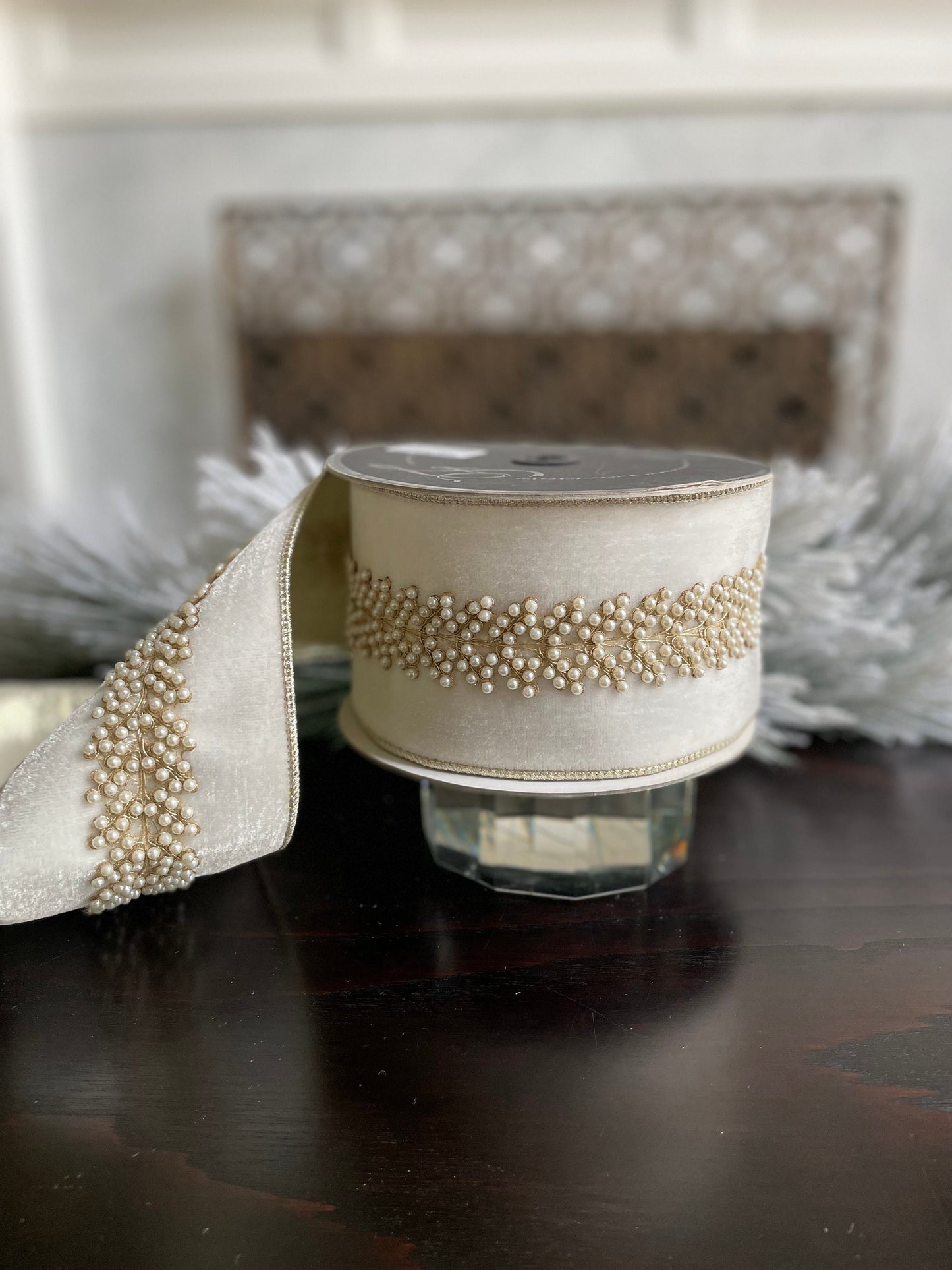 4” x 5 yds. Designer ivory royal pearl vine velvet ribbon. Wired. Farrisilk.
