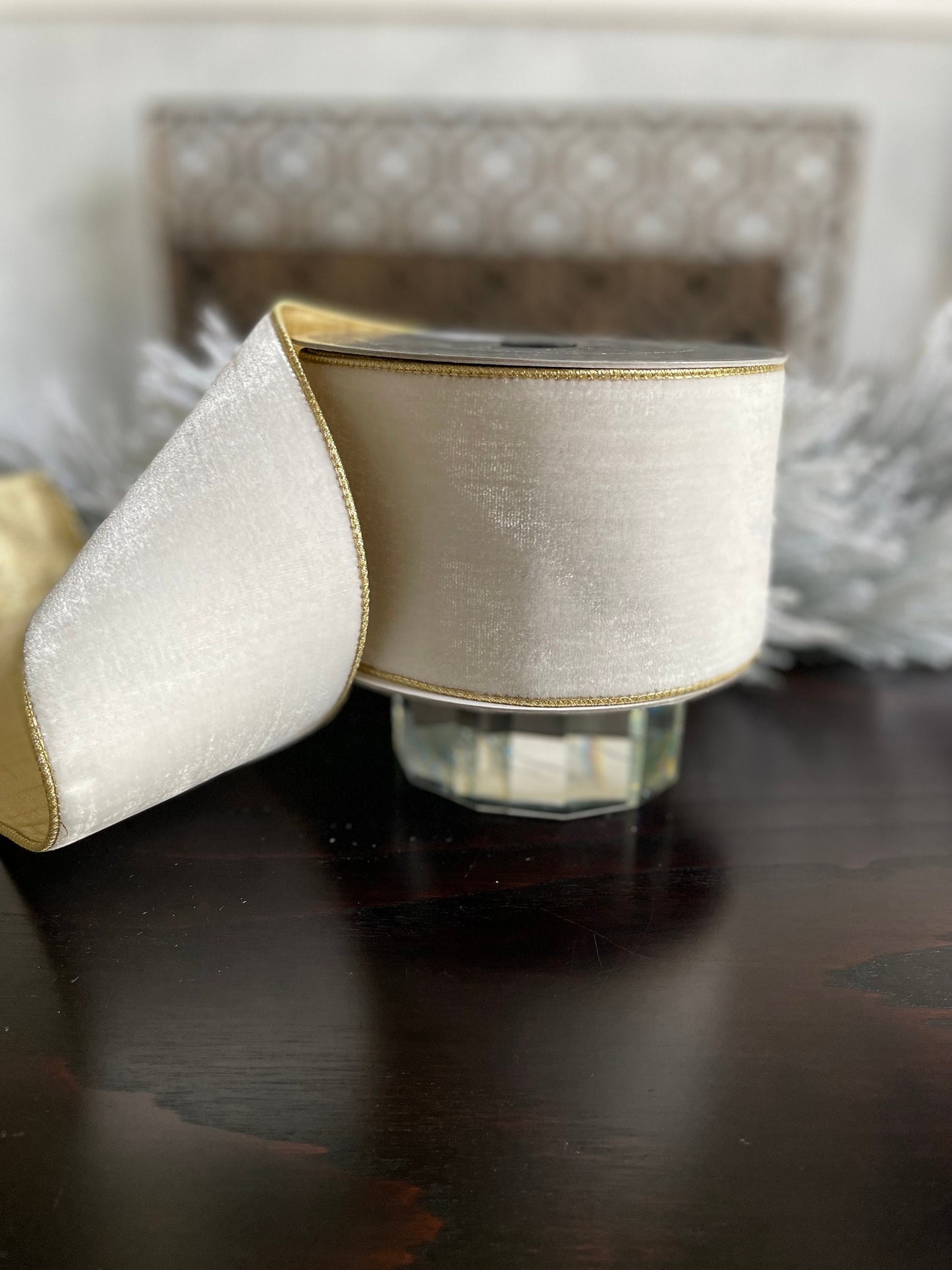 4” x 10 yds. Designer flashy velvet ivory ribbon. Wired. Farrisilk.