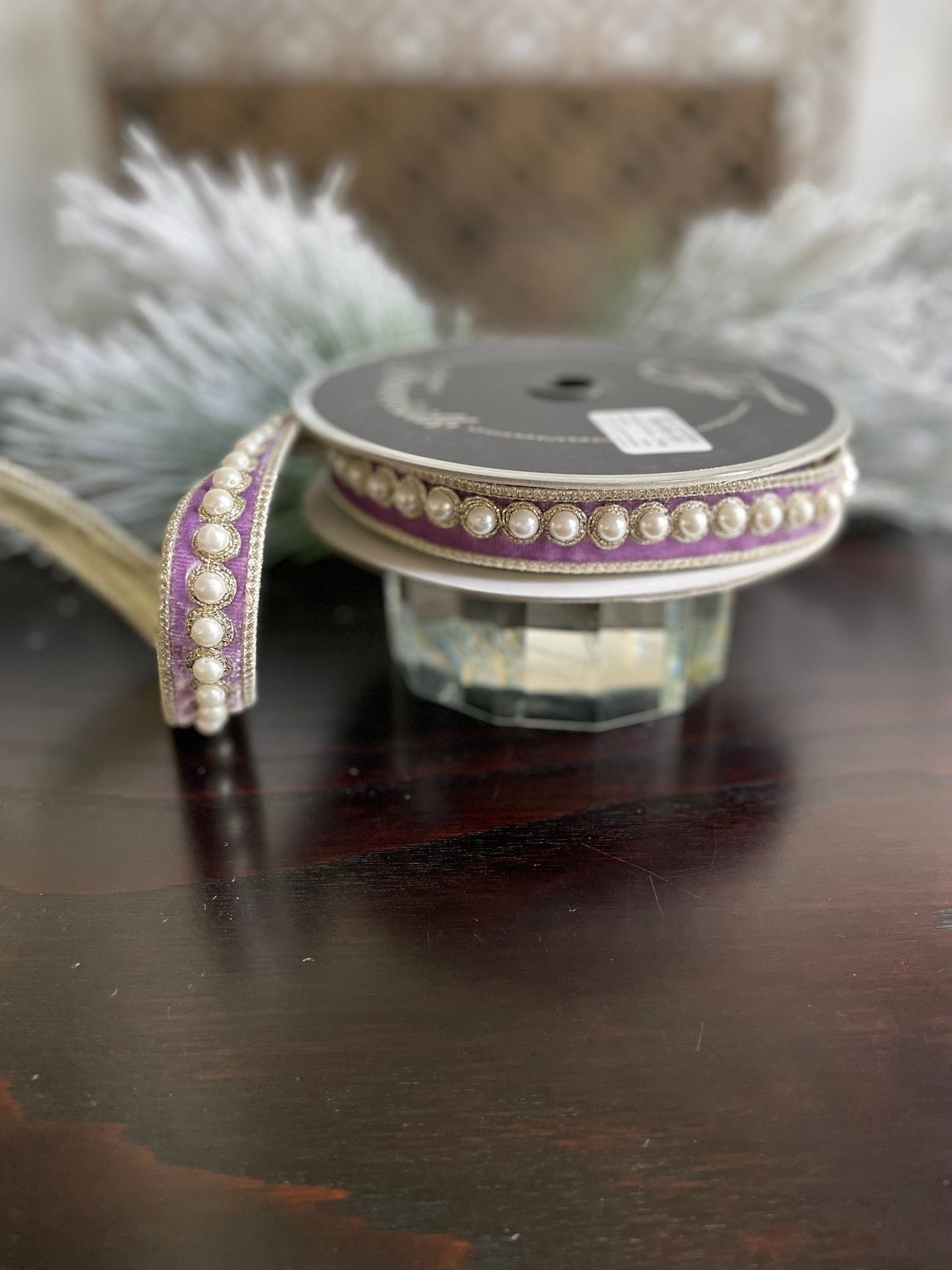 1” x 5 yds. Designer pearl borders velvet lavender ribbon. Wired. Farrisilk.