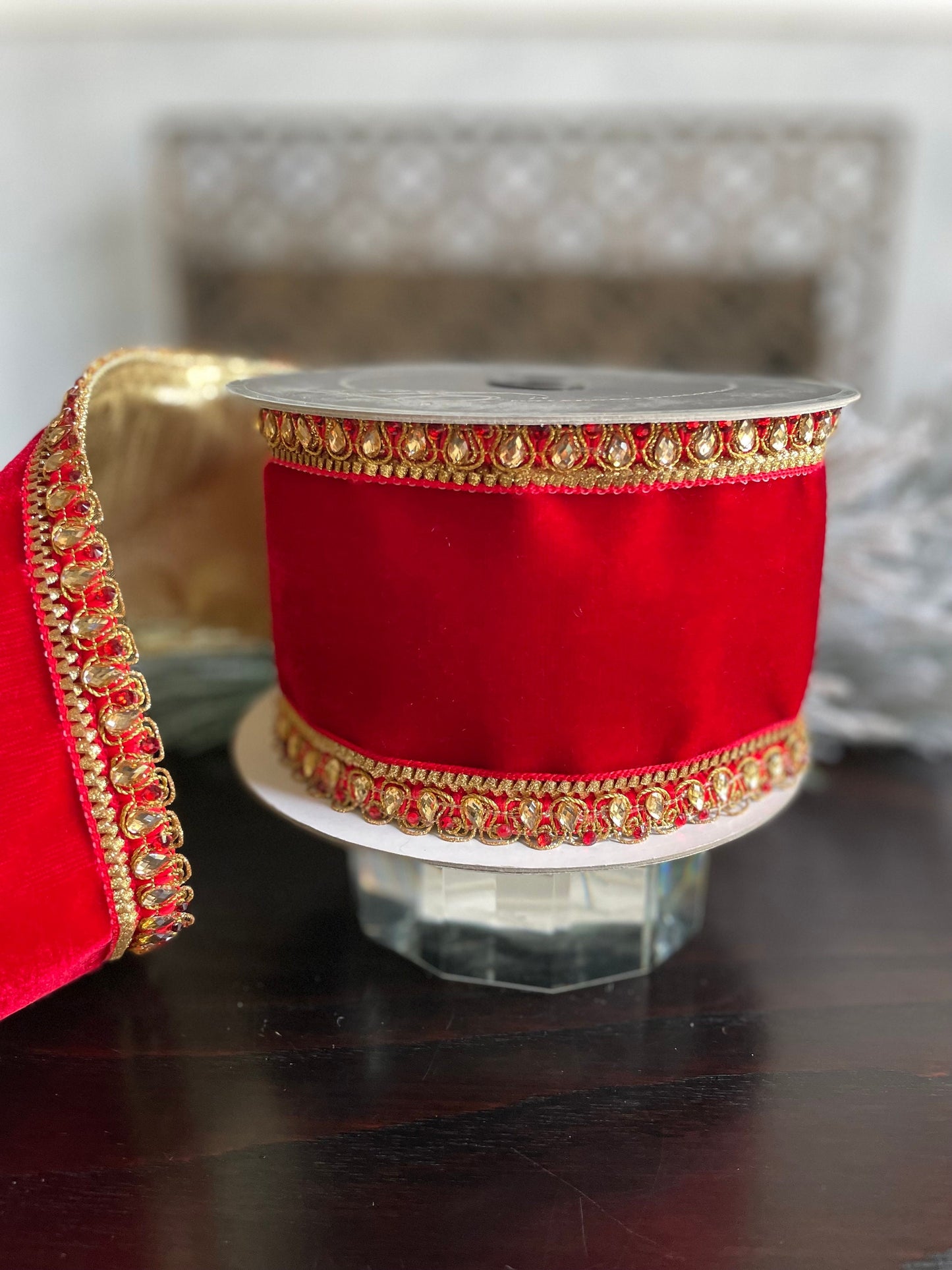 4” x 5 yds. Velvet King Edward red. Jeweled. Wired. Farrisilk.*