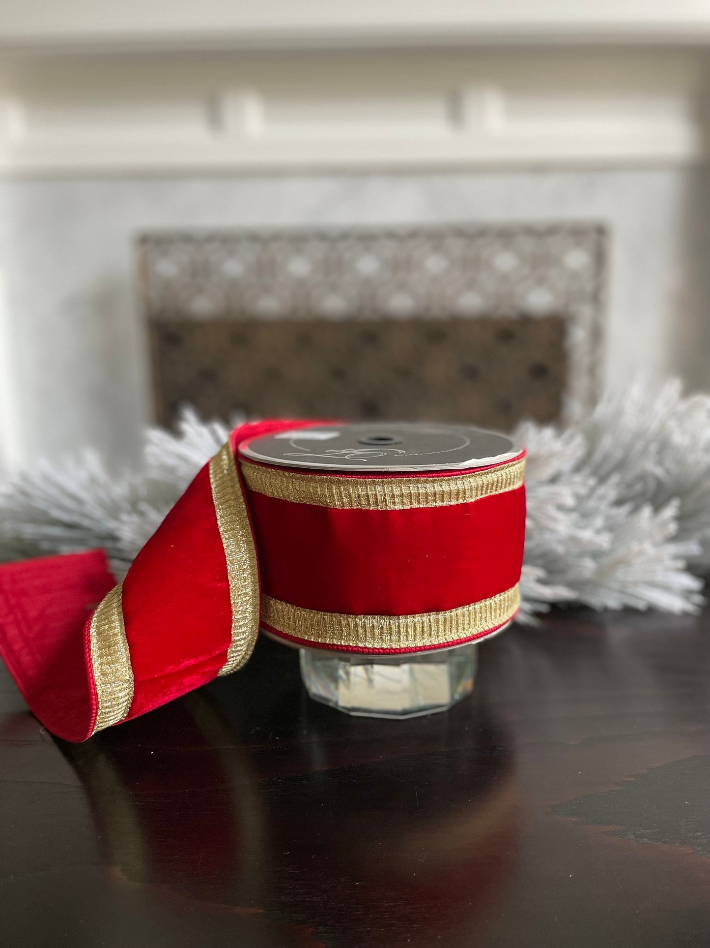 4” x 10 yds Designer pleated borders ribbon, red velvet ribbon with gold borders. Wired. Farrisilk.
