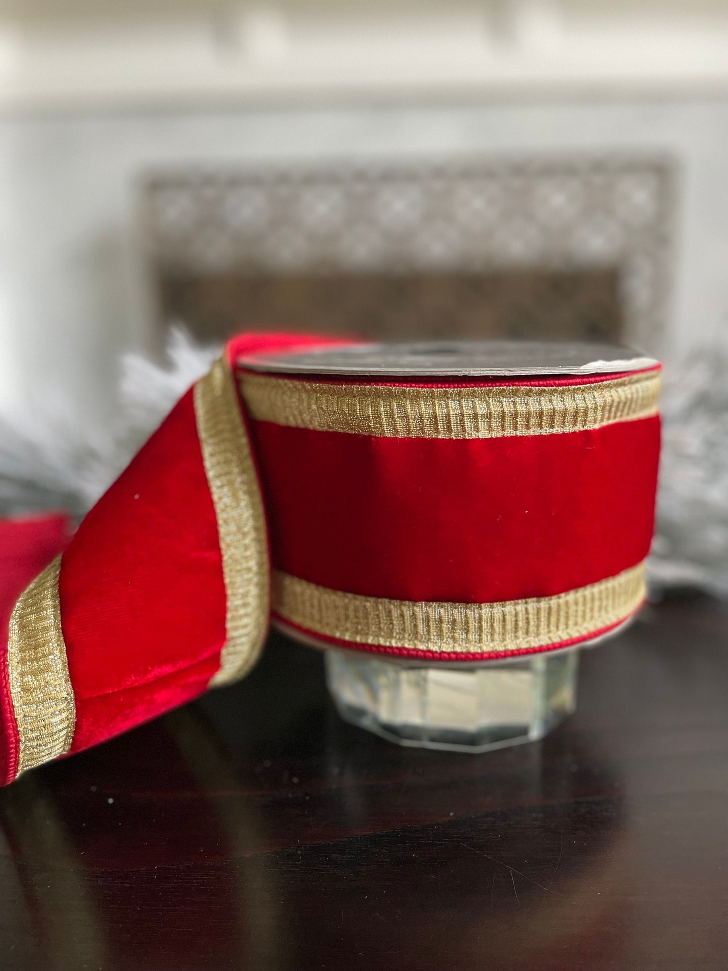 4” x 10 yds Designer pleated borders ribbon, red velvet ribbon with gold borders. Wired. Farrisilk.