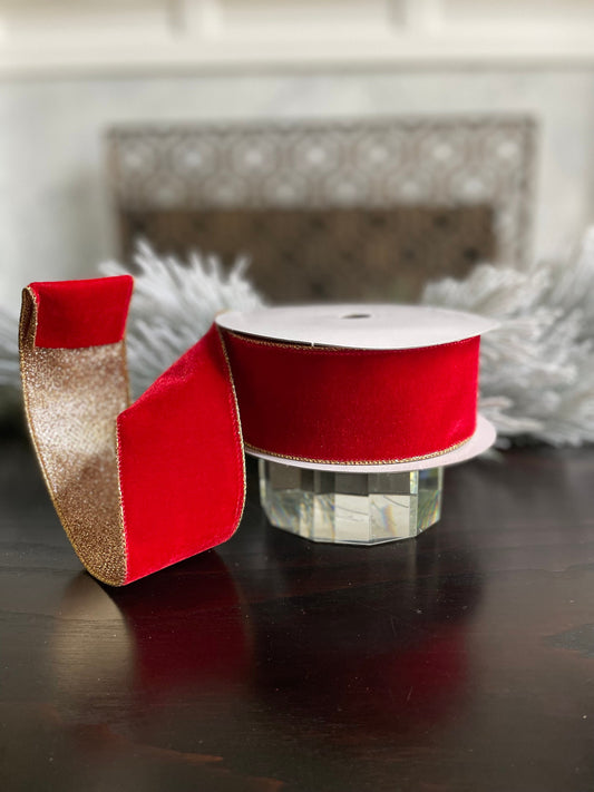 2.5” x 10 yds. Designer red velvet and gold glitter ribbon. Wired. Farrisilk.